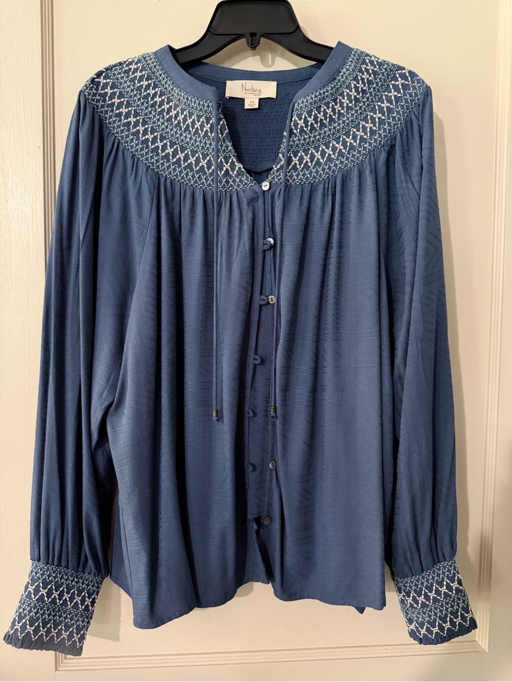 Natalie Martin Blue Embroidered Smocked Yoke Blouse